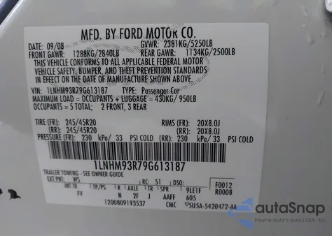 2009 Lincoln Mks z USA, uszkodzony, nr VIN 1LNHM93R79G613187